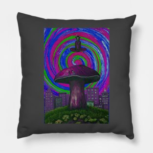 Satan Appears over Psychedelic Mushroom City 3 Pillow