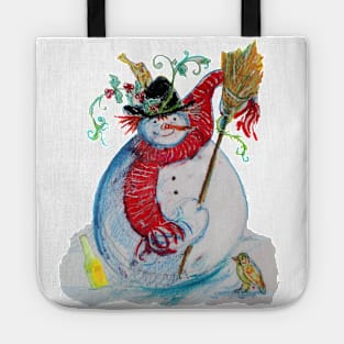 DRUNKEN SNOWMAN WITH BIRDS Winter Holiday Fun Tote