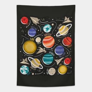 Paper space adventure II // illo // black background multicoloured solar system paper cut planets origami paper spaceships and rockets Tapestry