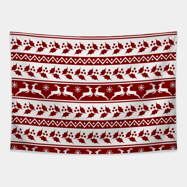 Dark Christmas Candy Apple Red Nordic Reindeer Stripe in White Tapestry by podartist