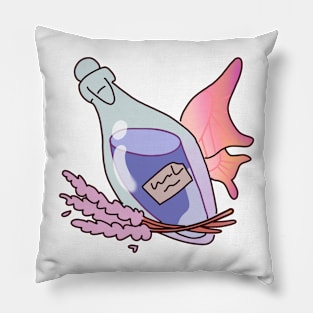 Pale Pink Wings: Glass Bottle with Violet Liquid, Amidst Floral Harmony Pillow