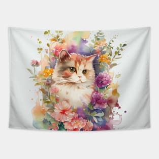 Kitten with flowers. Watercolor Art of Cat Tapestry