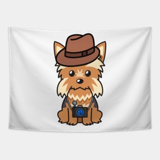 Funny Yorkshire Terrier is holding a camera Tapestry