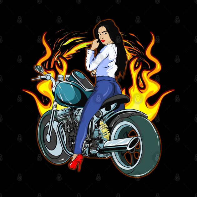 Cool Biker Woman With Flaming Motorcycle Lover by SoCoolDesigns