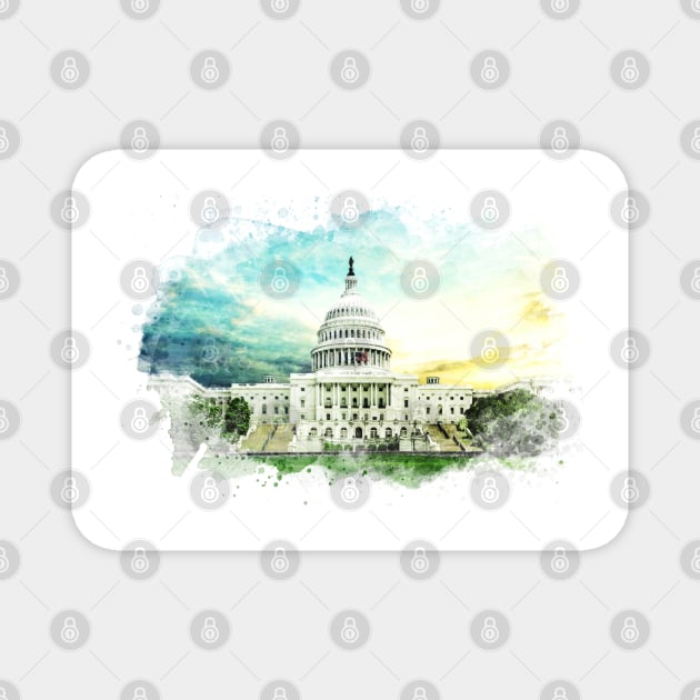 Washington DC Capitol Hill USA Breathtaking Watercolor Painting Magnet by Naumovski