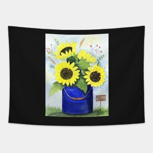 Sunflowers in a bucket watercolor painting Tapestry