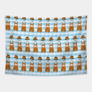 Oktoberfest guy blue and white plaids. Lederhosen in a row. Oktoberfest print. Tapestry