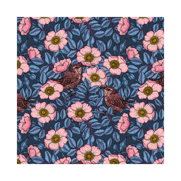 Wrens in the roses on navy by katerinamk