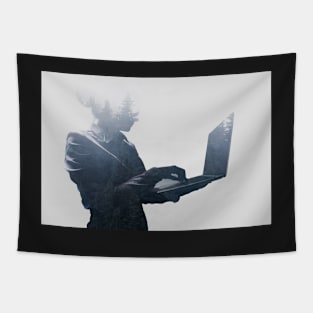 Silhouette of woman using a laptop Tapestry