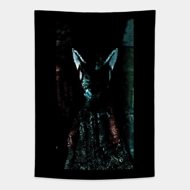 Digital collage, special processing. Strong, muscular men figure, arabian skirt, dark room. Demon. Blue, green and slight red. Tapestry by 234TeeUser234