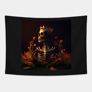 Skeleton in garden with golden crown Tapestry