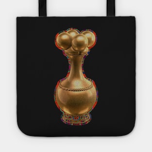 Digital Rendering of a  Pre-Columbian Quimbaya Poporo in Gold Leaf on a Mola Inspired Pattern Tote