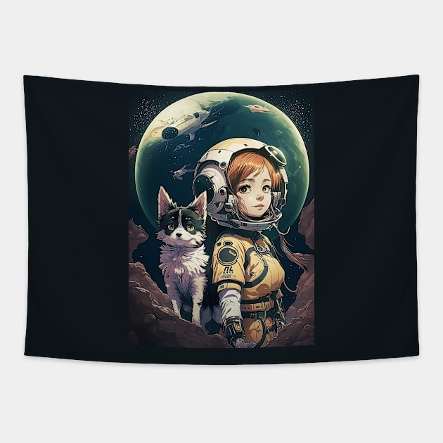 Girl & Dog in Space Fantastic Japanese Anime Retro 80s Tapestry by Ai Wanderer