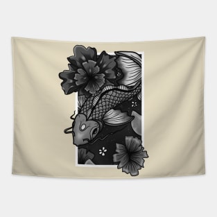 Koi Fish Gliding Through Water and Flowers - Grey Edition Tapestry