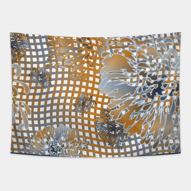 Mums on Wavy Weave in Gold and Grey Blue on White Tapestry by ArtticArlo