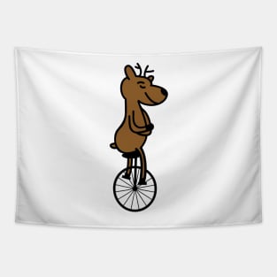 Funny deer rides a unicycle Tapestry