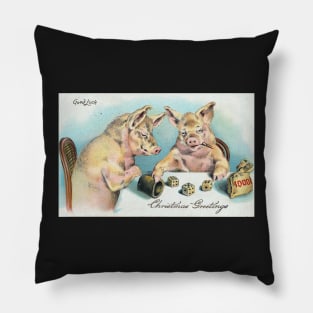 Victorian Christmas Pigs Playing Dice Christmas Greetings Pillow