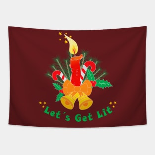 Christmas bells, candle, candy, holly berry with funny pun: Let’s Get Lit Tapestry