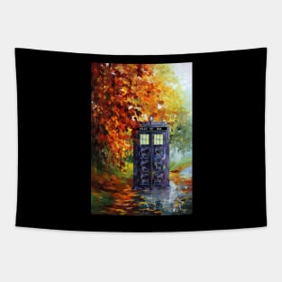 Blue Phone booth at fall zone art print Tapestry