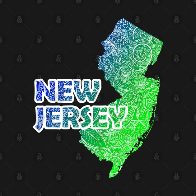 Colorful mandala art map of New Jersey with text in blue and green by Happy Citizen