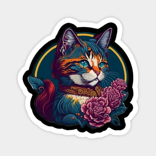 Paws and Petals: Charming Cartoon Cat in a Collar and Floral Finery Magnet