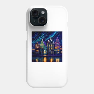 City blocks with lights on by the river side. Phone Case