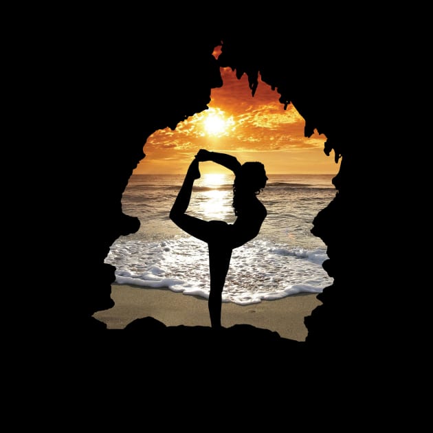 Yoga pose silhouette on beach during sunset (cave view) - ballet, dance, gymnastics - ballerina, dancer, gymnast by Vane22april