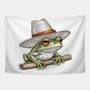 cute country grumpy frog wearing a hat Tapestry