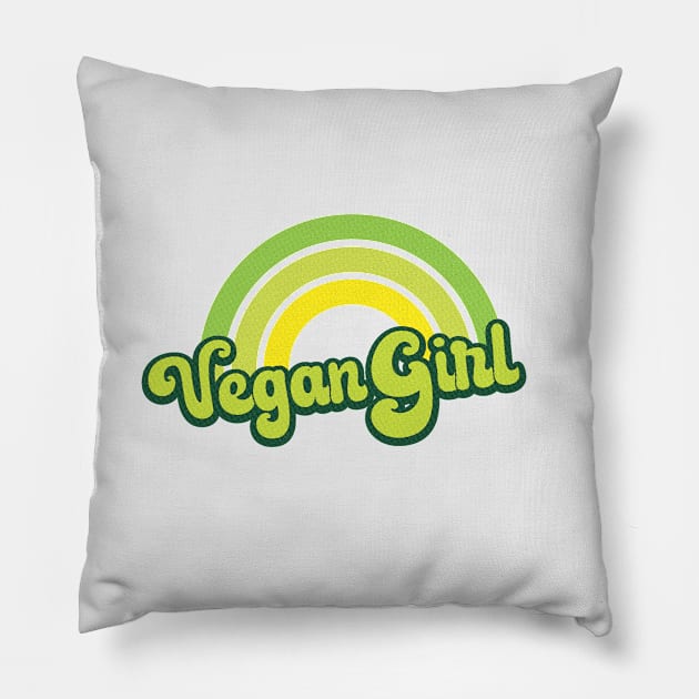 Vegan Girl Retro Rainbow Green Pillow by Jitterfly