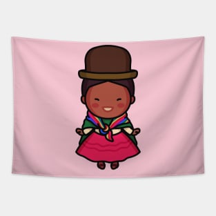 Cute Bolivian Village Woman in Traditional Clothing Cartoon Tapestry