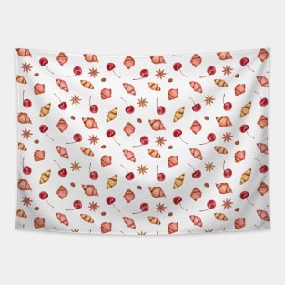 Croissants and cherries pattern on white Tapestry