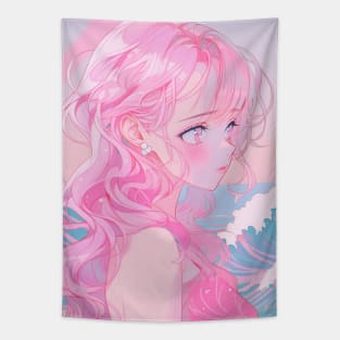 Pink Anime Girl Waves Japanese Tapestry