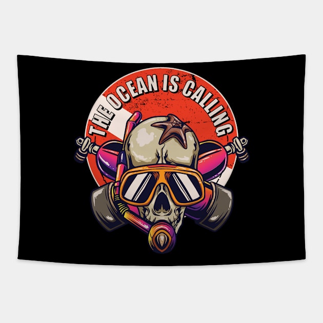The Ocean is Calling Scuba Diver Skull Tapestry by Anassein.os