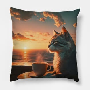 funny cat watching sunset with coffee, funny cats and coffee, cats lover Pillow