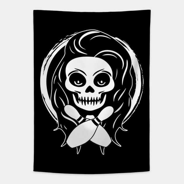 Female Bowler Skull and Bowling Pins White Logo Tapestry by Nuletto