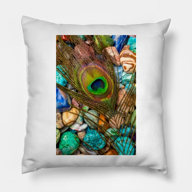 Peacock Feather On Polished Colored Stones Pillow by photogarry