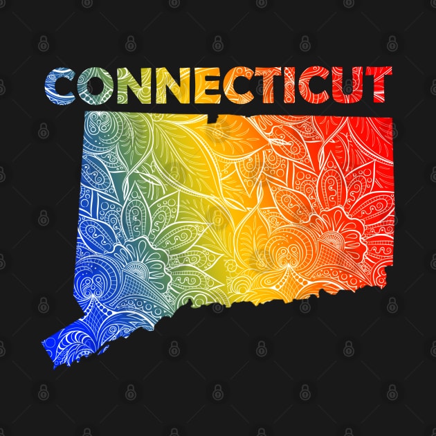 Colorful mandala art map of Connecticut with text in blue, yellow, and red by Happy Citizen