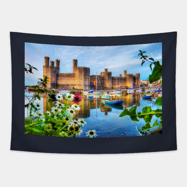 Caernarfon Castle Low Perspective Tapestry by tommysphotos