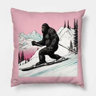 Funny Bigfoot Skiing Dad Bigfoot Believer and Ski in Mountain Pillow