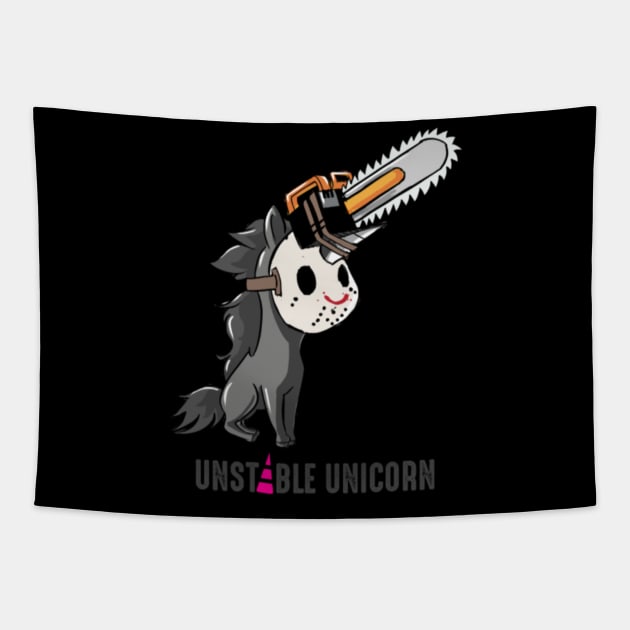 Unstable Unicorn, Chainsaw, Halloween Tapestry by Xizin Gao