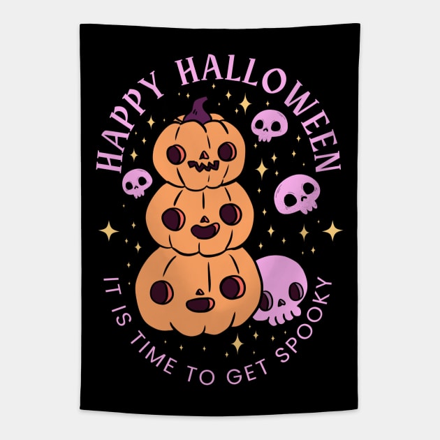 Happy halloween it is time to get spooky a cute pumpkin pile design with skulls Tapestry by Yarafantasyart