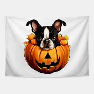 Boston Terrier Dog inside Pumpkin #1 Tapestry