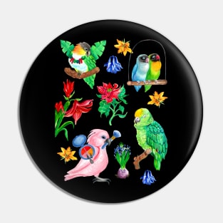 Watercolor Parrots and Flowers Pin