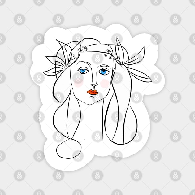 Minimal Line Art Woman Portrait with Floral Crown Magnet by denizko