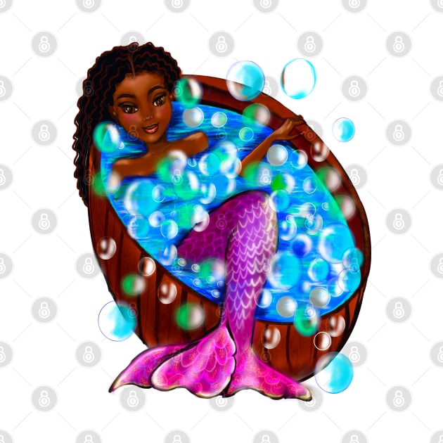 Mermaid spa day#002- african American anime mermaid in bubble bath. Pretty black girl with Afro hair, green eyes, Cherry pink lips and dark brown skin. Hair love ! by Artonmytee