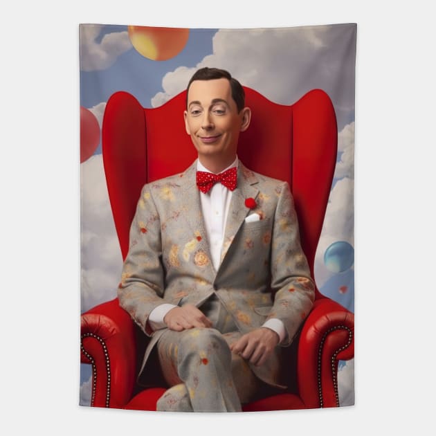 pee wee herman siting on chair in heaven Tapestry by Maverick Media