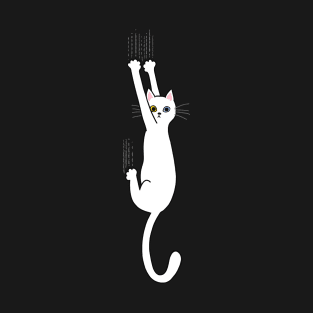 Funny White Cat Hanging On T-Shirt