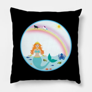 Mermaid in Sea with fish octopus crabs turtles unicorns and rainbow Pillow