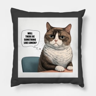 Illustration of cute cat sitting at the table in thought will there be something like lunch Pillow