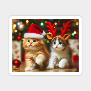 Cute kittens with Santa Claus and reindeer hats and Christmas tree Magnet
